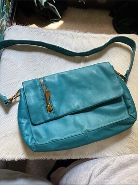 HOBO Teal Leather Crossbody with Gold Accents